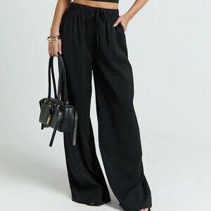 High Waist Elasticated Gathered Waist Wide Leg Pants in Black